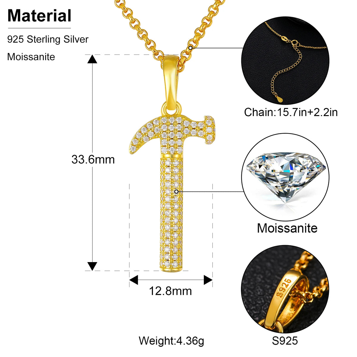 925 Sterling Silver Hammer Moissanite Pendant Necklace – Women