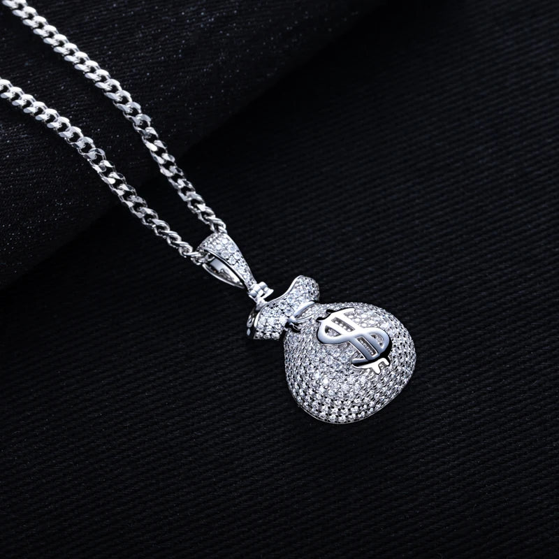 2.8cttw Moissanite Money Bag Pendant – 925 Silver Hip Hop Necklace
