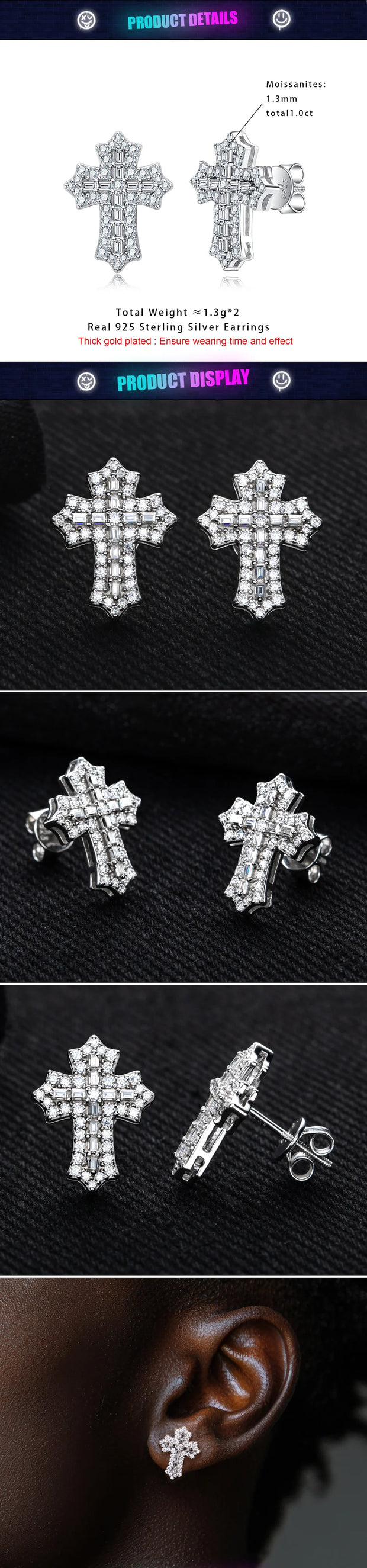 1.0cttw Moissanite Iced Out Cross Stud Earrings – 925 Sterling Silver