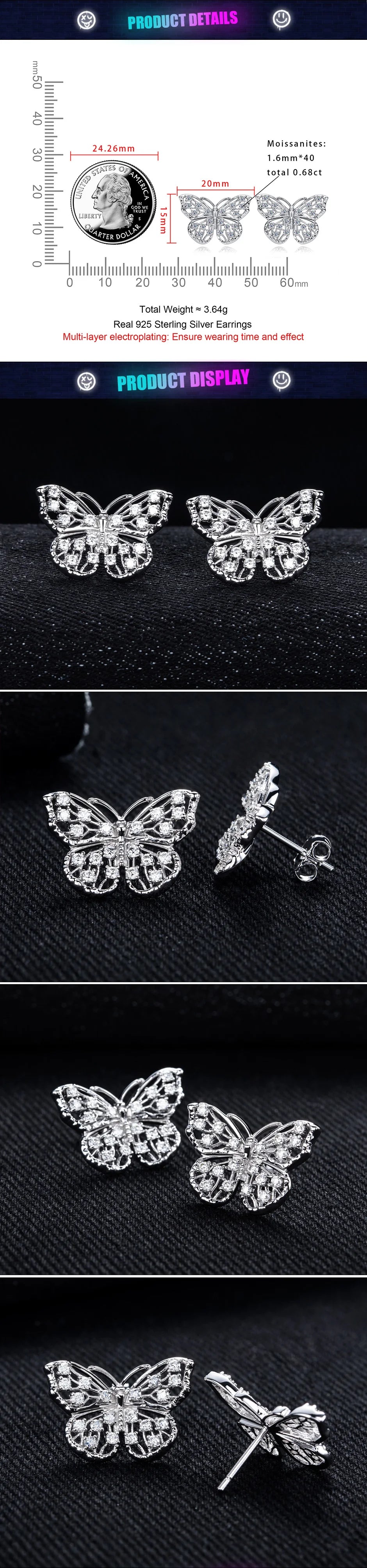 Moissanite Butterfly Stud Earrings – 925 Silver Hip Hop Jewelry