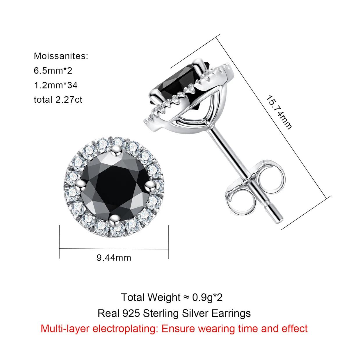 1ct Black Moissanite Stud Earrings – 925 Silver Hip Hop Jewelry