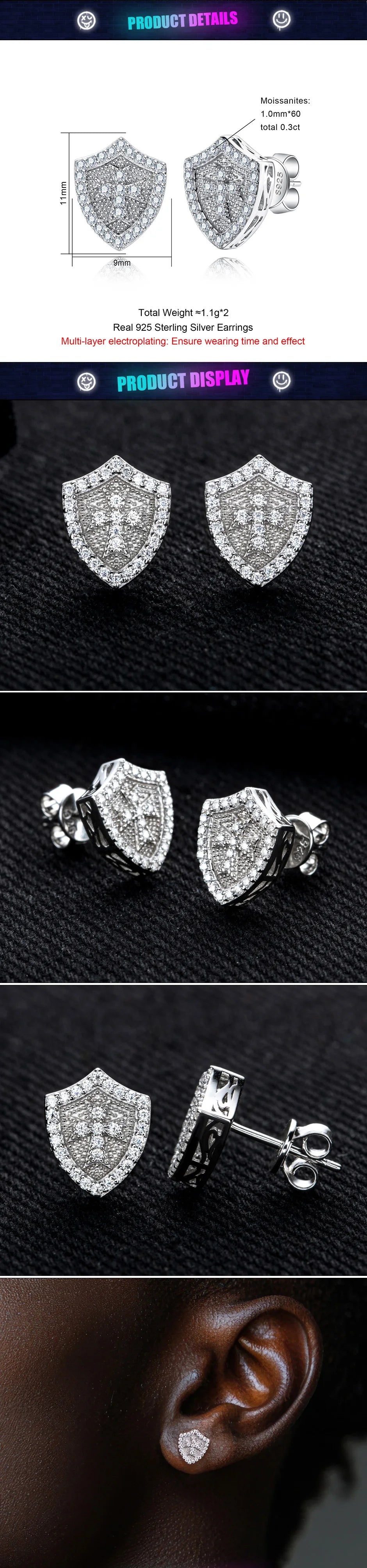 Moissanite Cross Stud Earrings – 925 Silver Hip Hop Jewelry