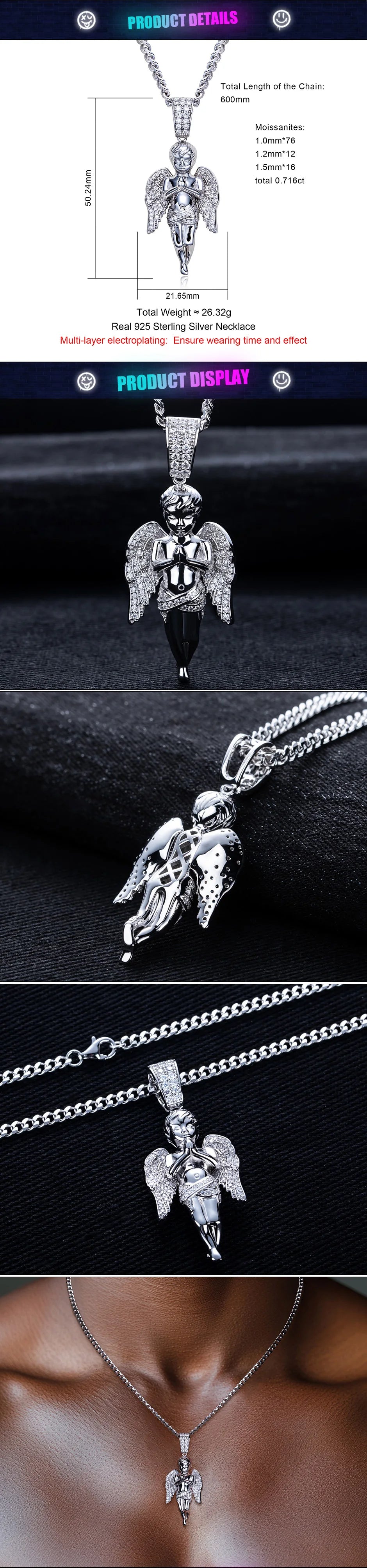 Moissanite Blessed Angel Pendant – 925 Silver Hip Hop Necklace