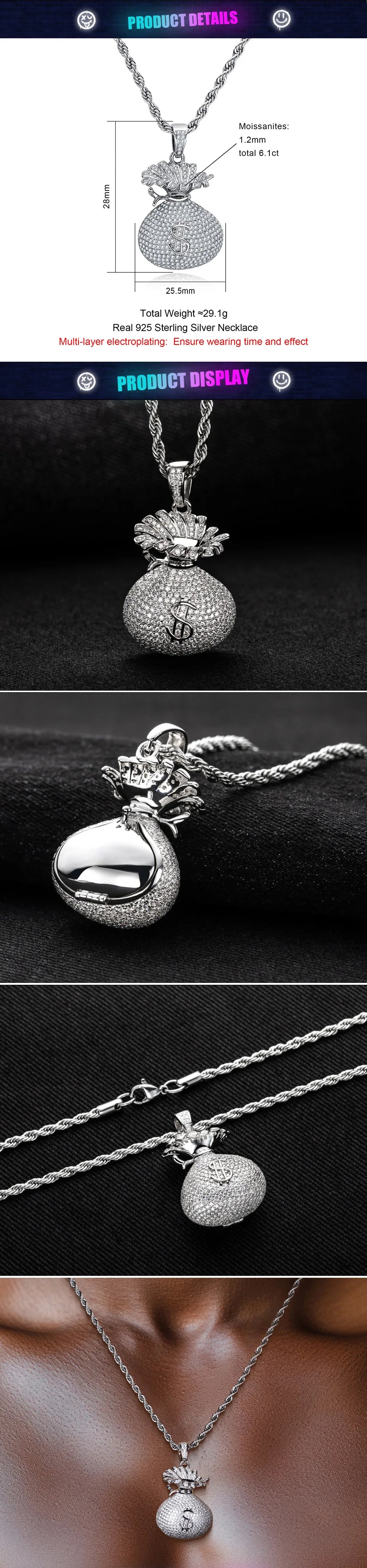 6.1ct Moissanite Money Bag Pendant – 925 Silver Hip Hop Necklace