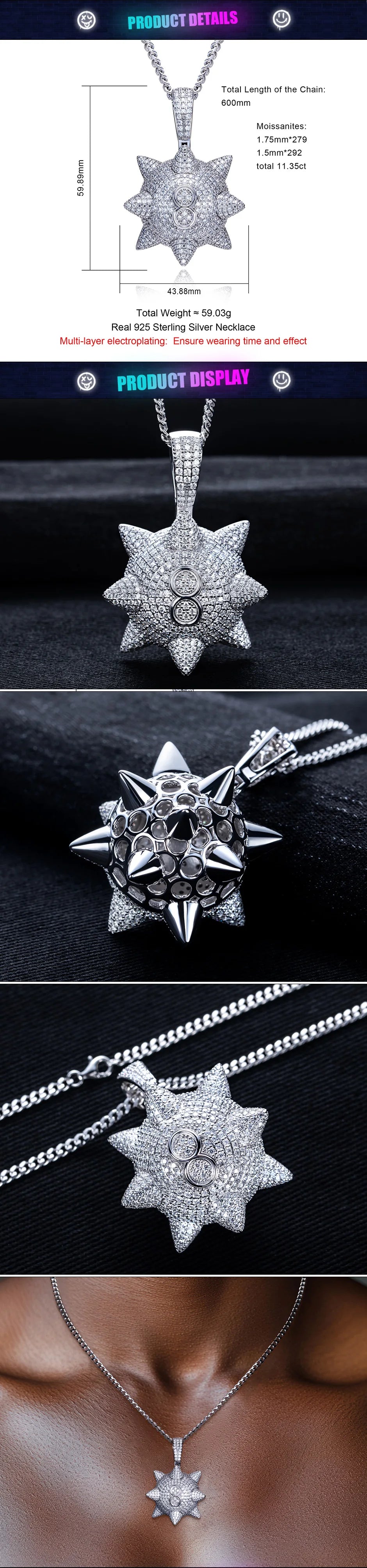 11.35cttw Moissanite Meteor Hammer Pendant – 925 Silver Hip Hop Necklace