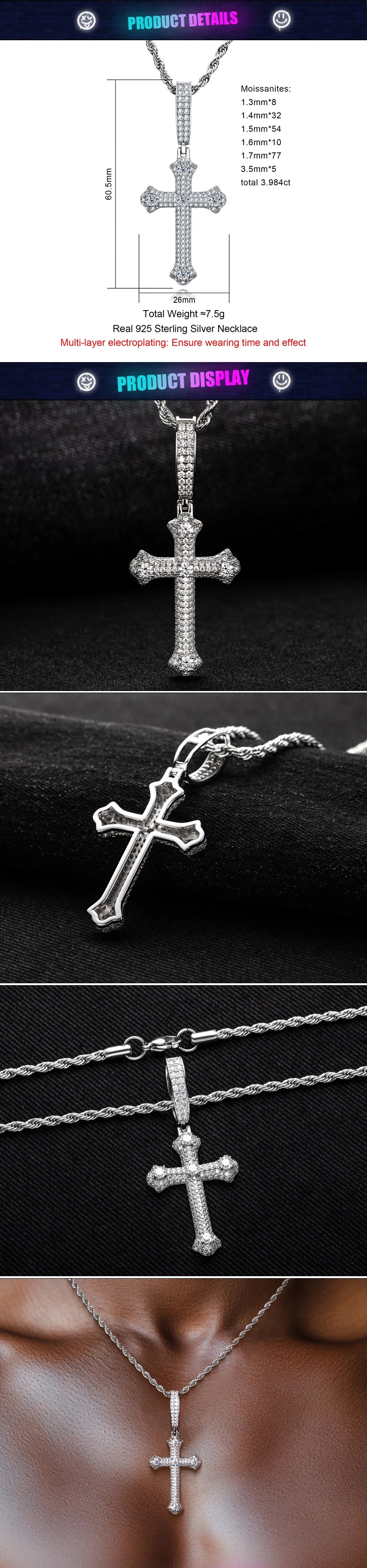 Moissanite Cross Pendant Necklace – 925 Silver Hip Hop Jewelry