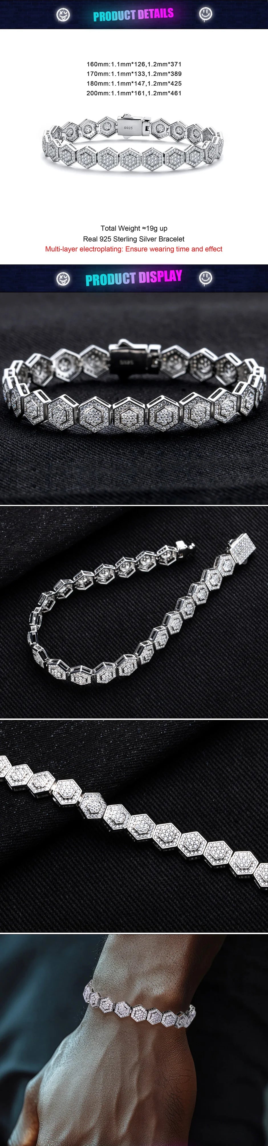 Moissanite Hexagon Bracelet – 925 Silver Hip Hop Bangle Unisex