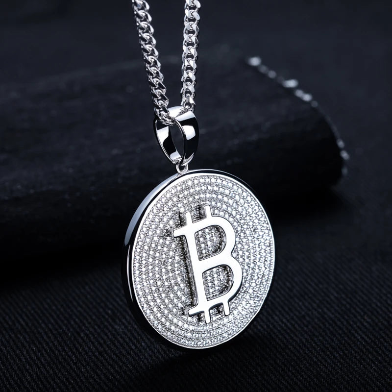 Moissanite Iced Out Bitcoin Pendant – 925 Silver Hip Hop Necklace