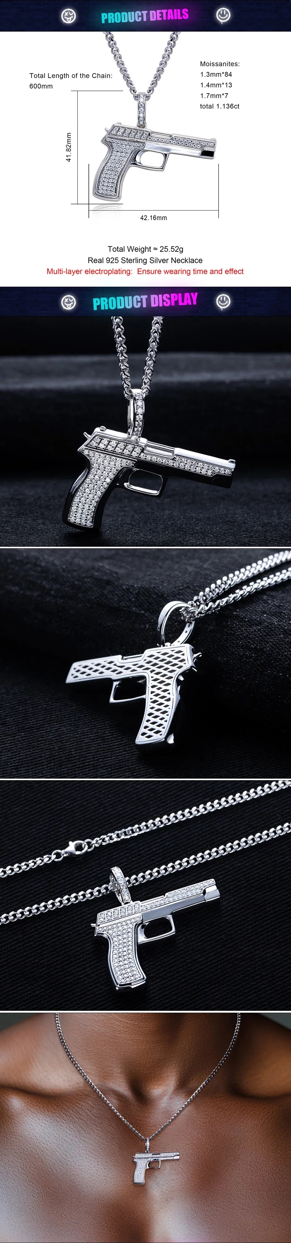Iced Out Gun Pendant – 925 Silver Moissanite Hip Hop Necklace