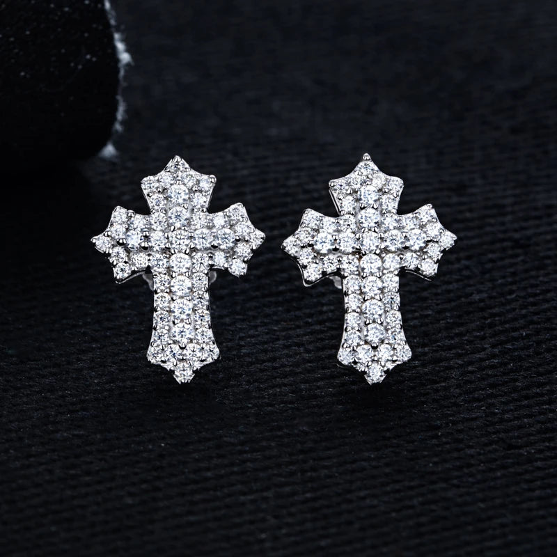 Moissanite Cross Stud Earrings – 925 Silver Hip Hop Jewelry