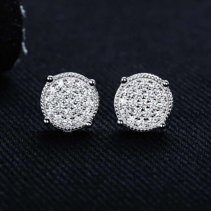 Moissanite Round Stud Earrings – 925 Silver Hip Hop Jewelry