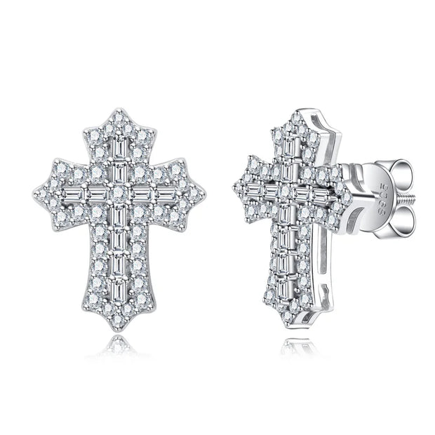 1.0cttw Moissanite Iced Out Cross Stud Earrings – 925 Sterling Silver