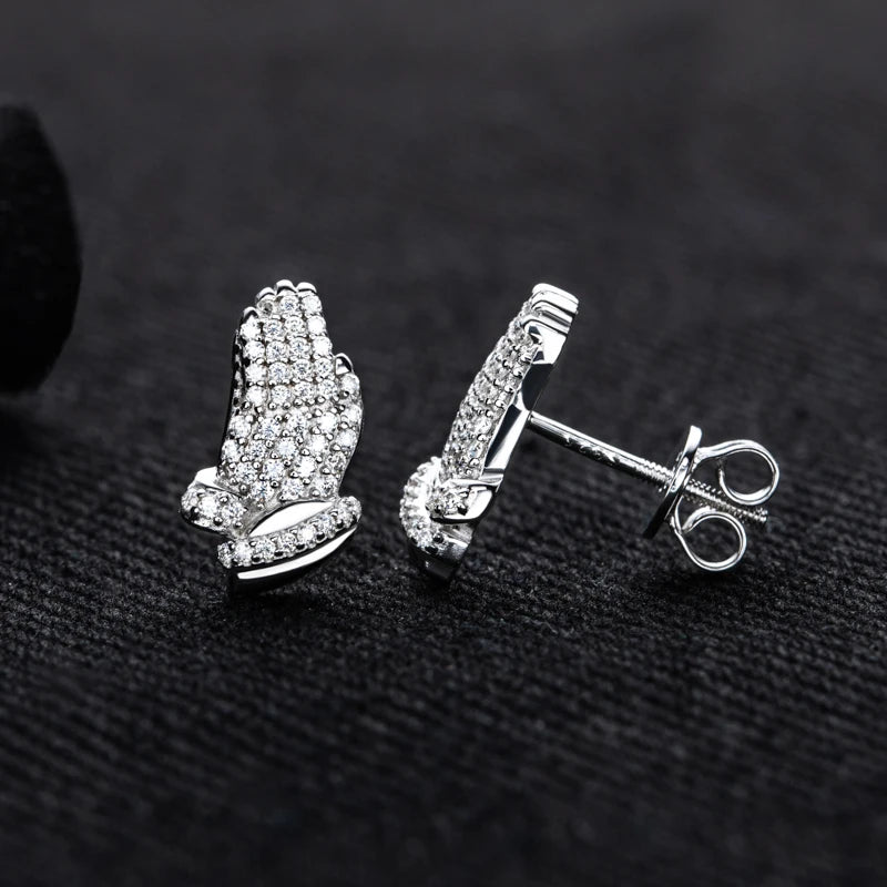 Moissanite Prayer Hand Stud Earrings – 925 Silver Hip Hop Jewelry