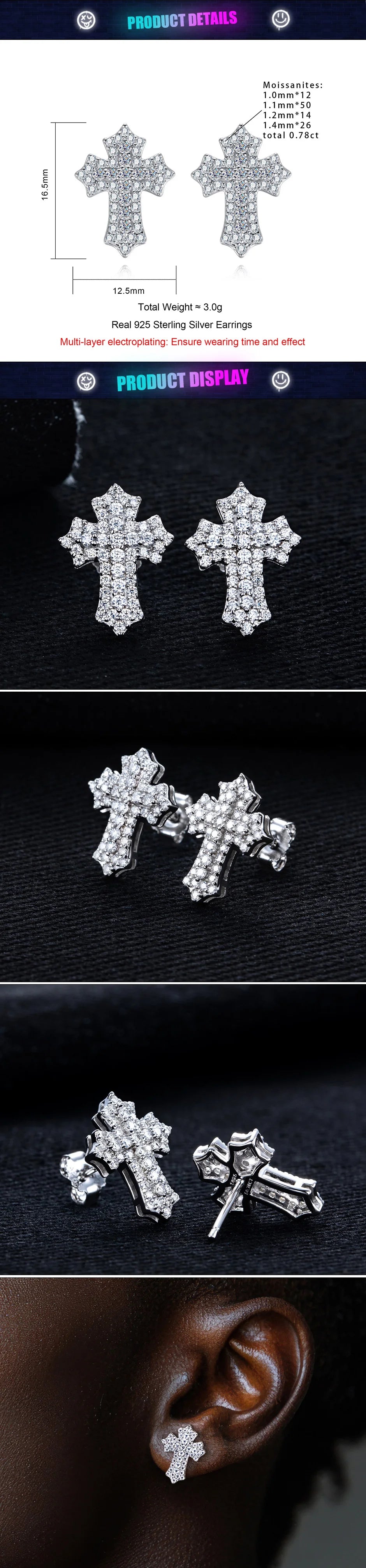 Moissanite Cross Stud Earrings – 925 Silver Hip Hop Jewelry