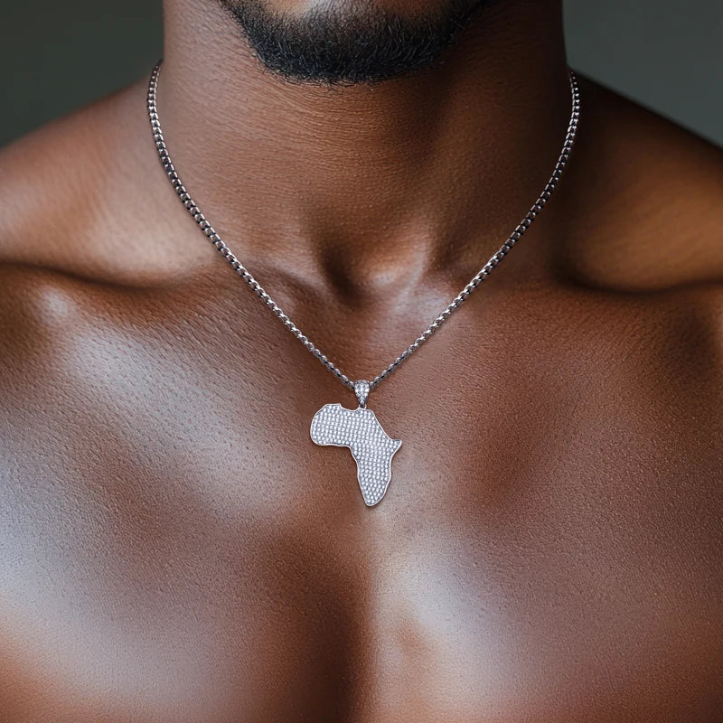 Moissanite Africa Map Pendant – 925 Silver Hip Hop Necklace