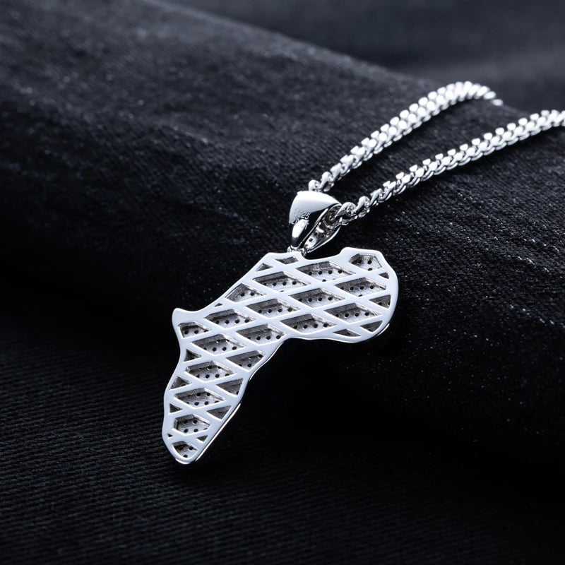 Moissanite Africa Map Pendant – 925 Silver Hip Hop Necklace