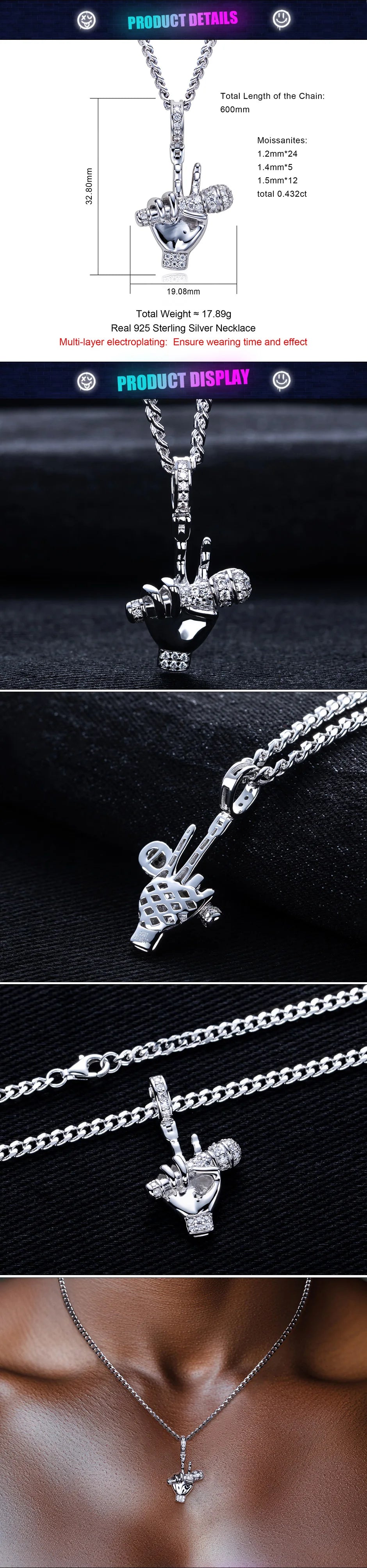 Moissanite Microphone Hand Pendant – 925 Silver Hip Hop Necklace