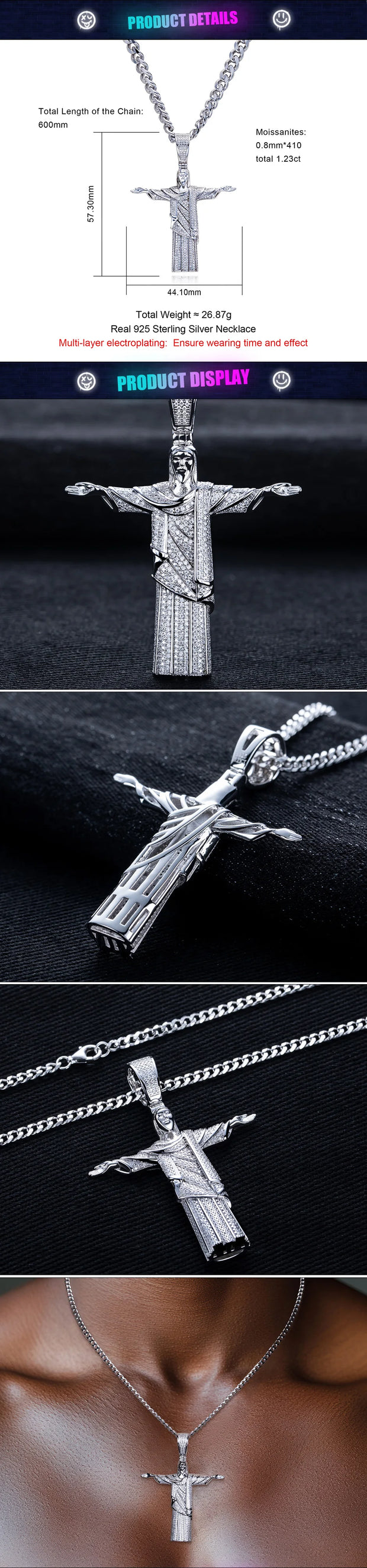 1.23cttw Moissanite Redeemer Pendant – 925 Silver Iced Necklace