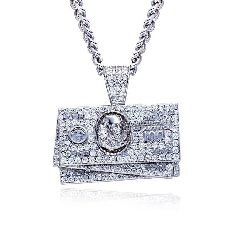 1.9cttw Moissanite Dollar Bill Pendant – 925 Silver Hip Hop Necklace
