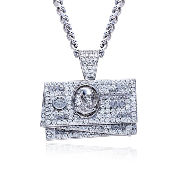 1.9cttw Moissanite Dollar Bill Pendant – 925 Silver Hip Hop Necklace