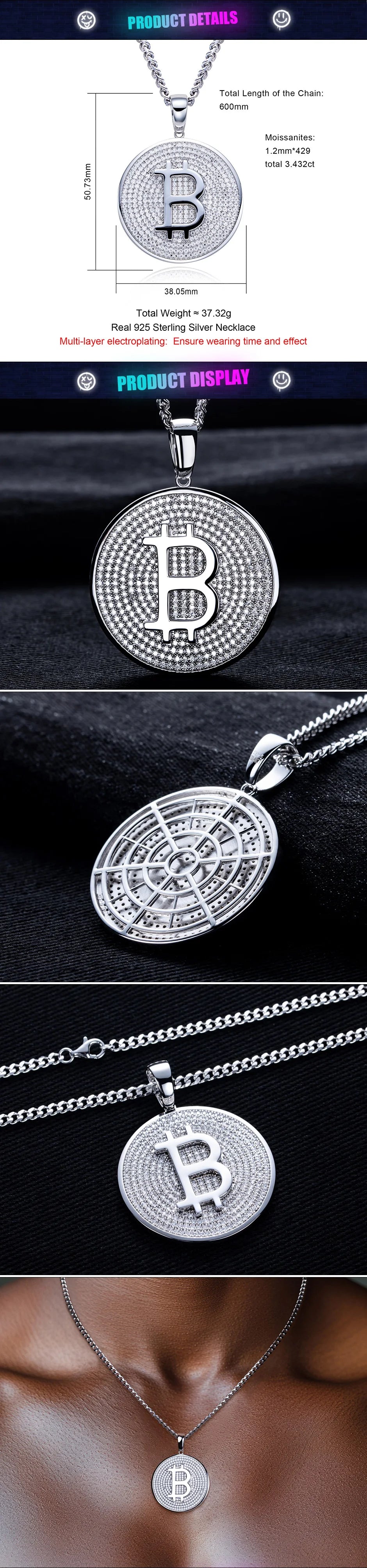 Moissanite Iced Out Bitcoin Pendant – 925 Silver Hip Hop Necklace