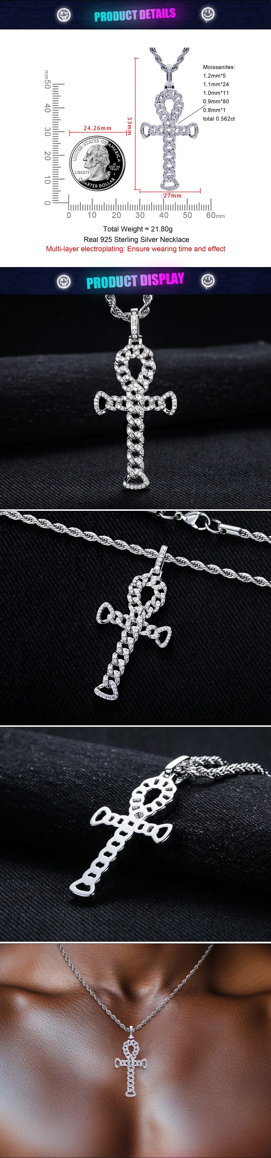 Moissanite Cross Pendant – D Color VVS1 925 Silver Hip Hop Necklace