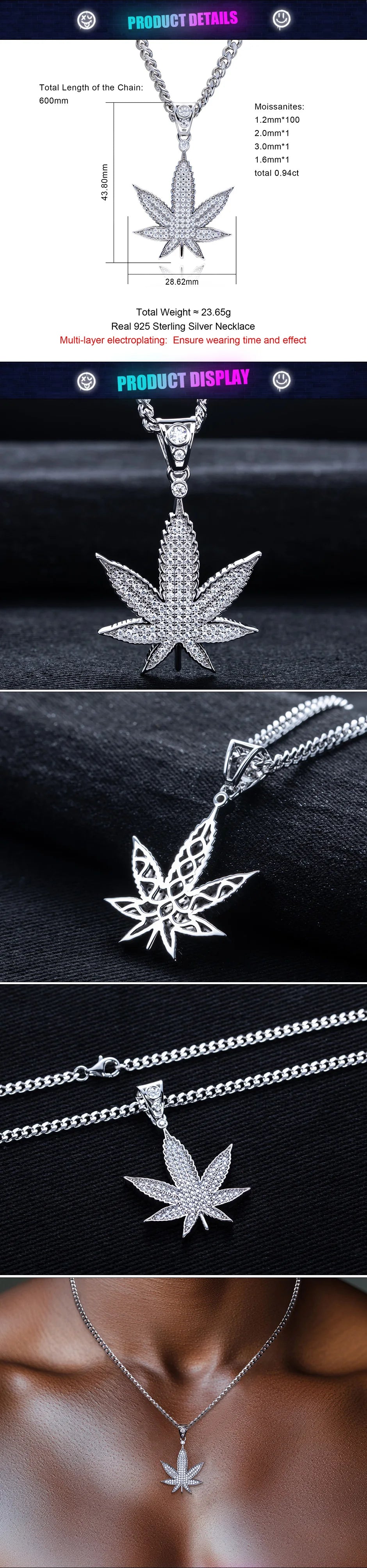 Moissanite Hemp Leaf Pendant – 925 Sterling Silver Iced Out Necklace