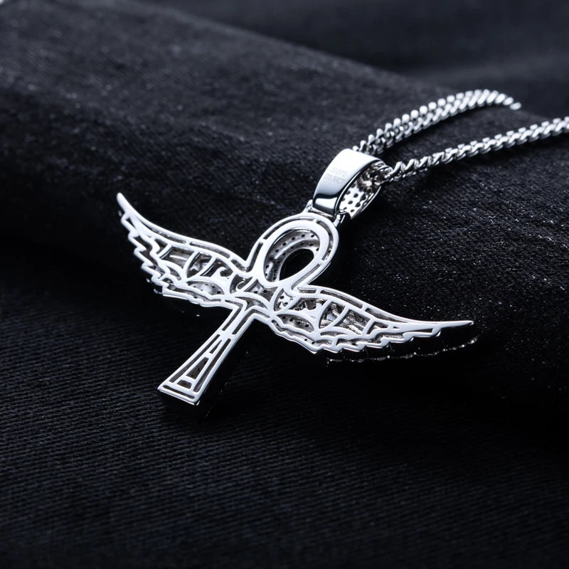 Moissanite Angel Wing Cross Pendant – 925 Silver Hip Hop Necklace
