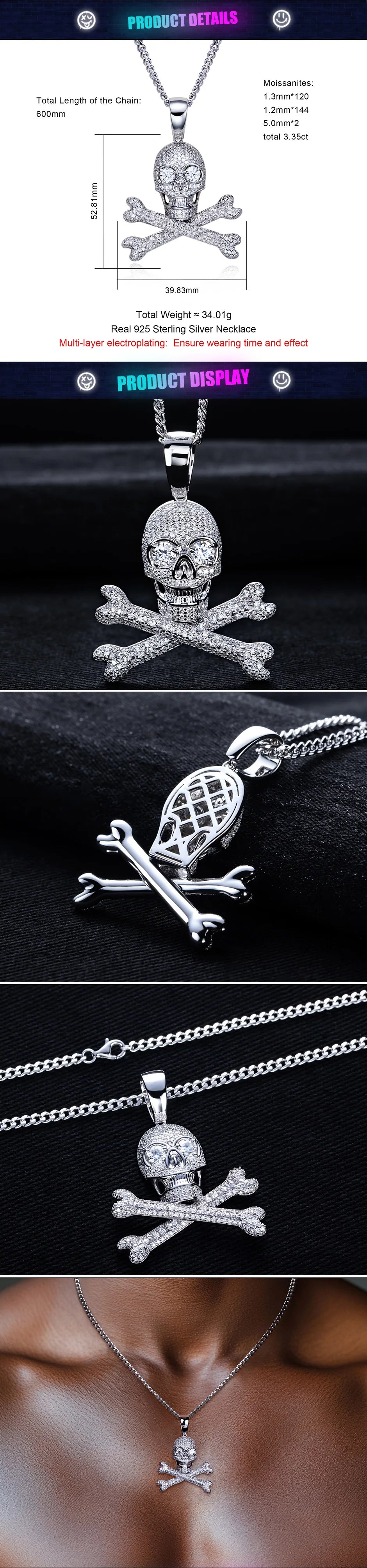 3.35cttw Moissanite Skull Pendant – 925 Silver Iced Out Necklace