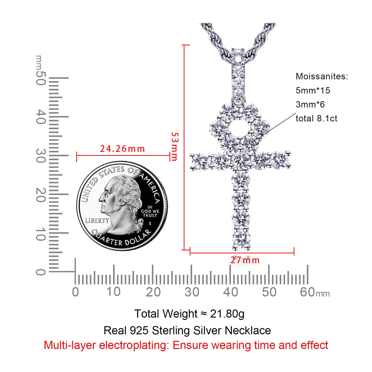 Moissanite Cross Pendant – 925 Silver Hip Hop Necklace