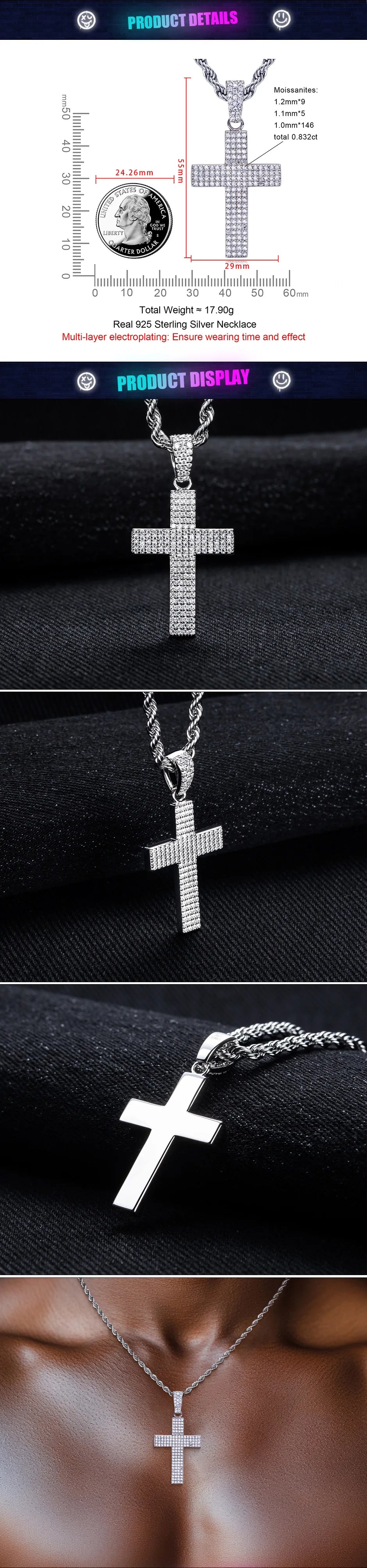 Moissanite Bling Cross Pendant Iced Out Hip Hop Necklace 925 Sterling Silver