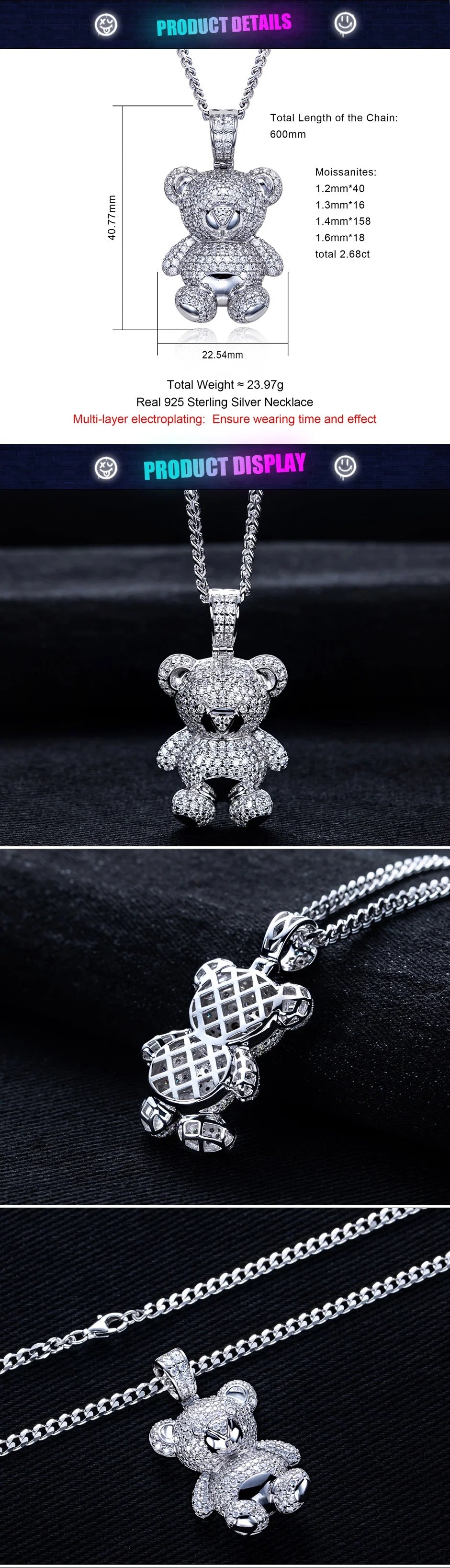 2.68cttw Moissanite Teddy Bear Pendant – 925 Silver Iced Out Necklace