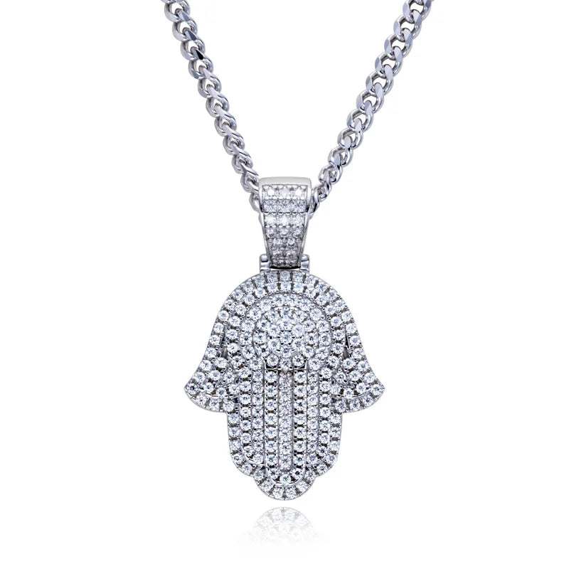 Moissanite Hamsa Hand Pendant – 925 Silver Iced Out Hip Hop Necklace