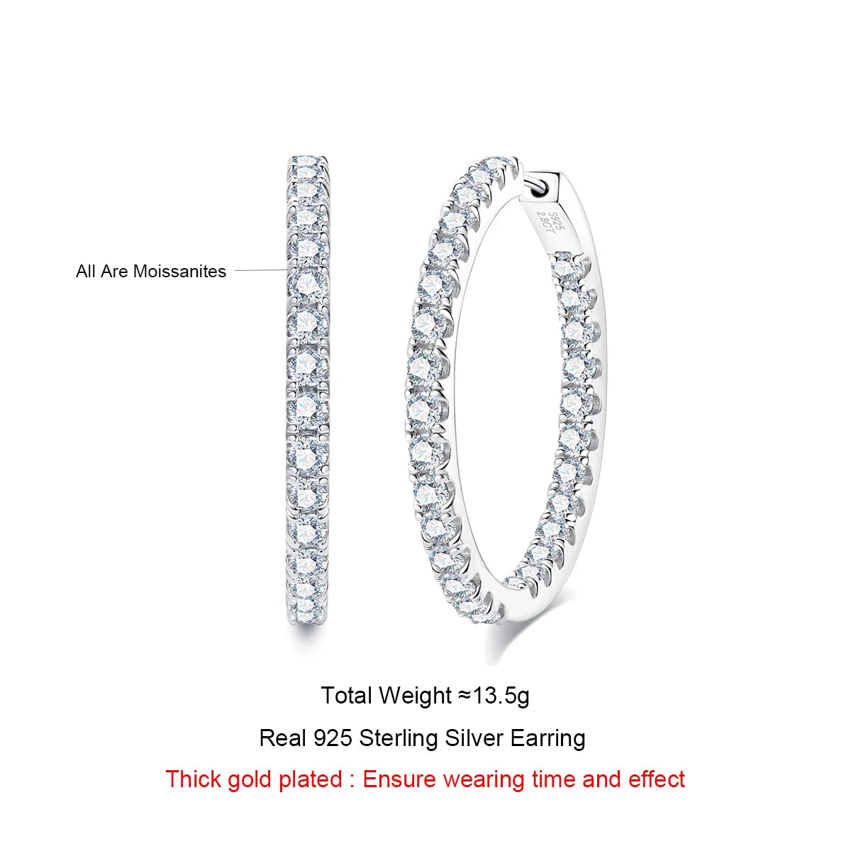 Moissanite Big Hoop Huggie Earrings – 925 Silver Luxury Jewelry