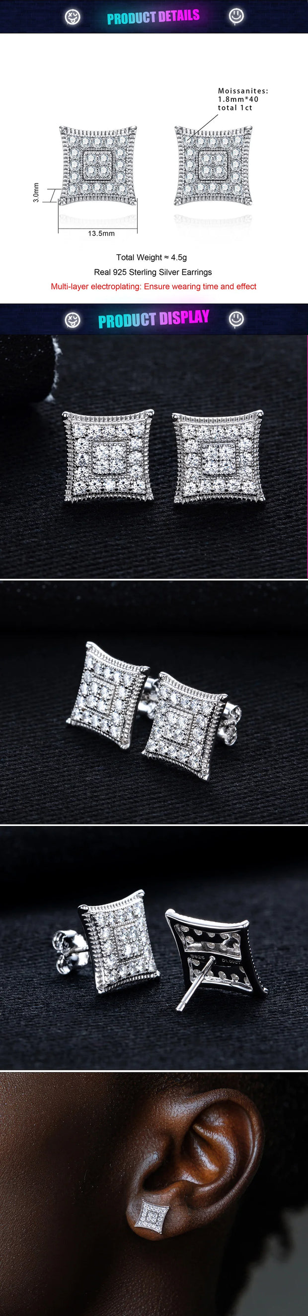 Moissanite Square Stud Earrings – 925 Silver Iced Out Jewelry