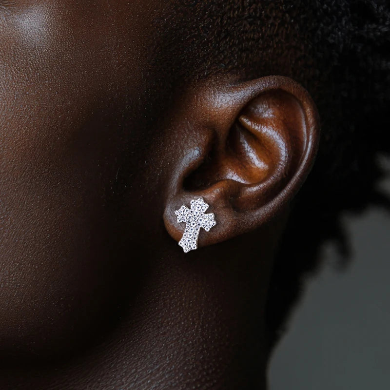 Moissanite Cross Stud Earrings – 925 Silver Hip Hop Jewelry