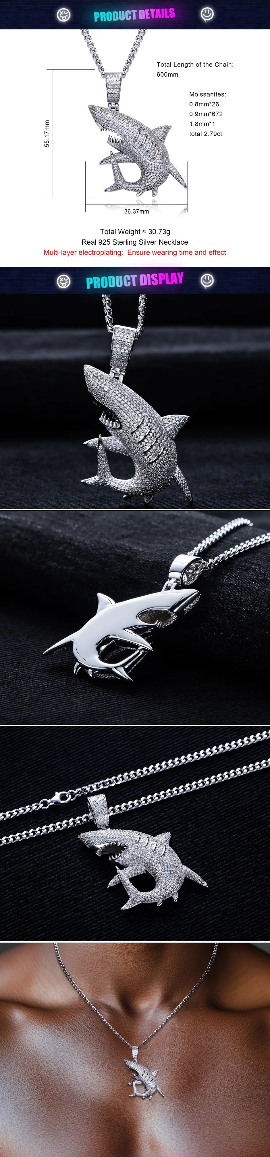 2.79cttw Moissanite Shark Pendant – 925 Silver Necklace