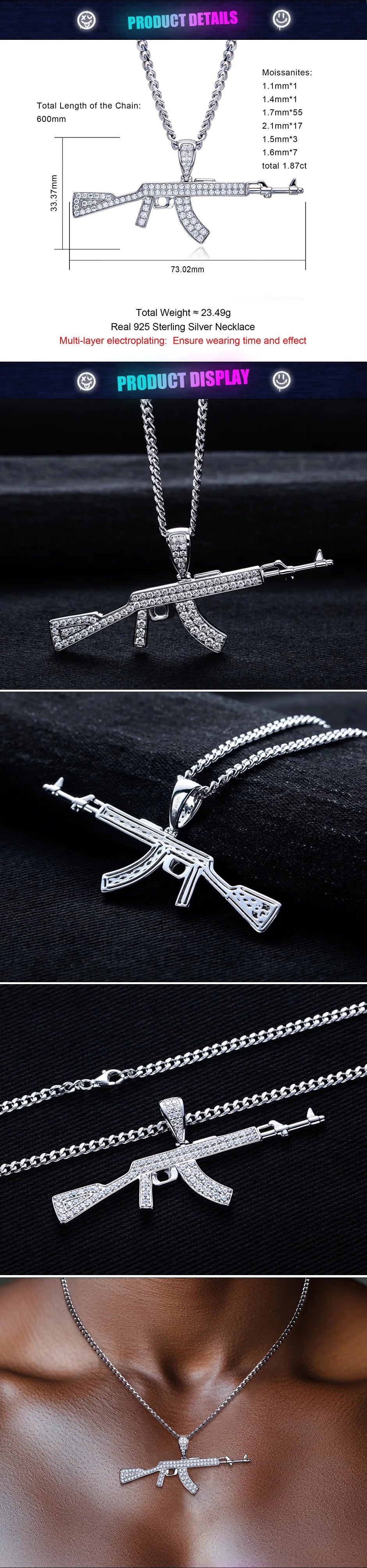1.87cttw Moissanite AK Pendant – 925 Silver Iced Necklace