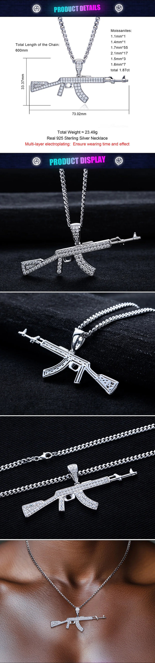 1.87cttw Moissanite AK Pendant – 925 Silver Iced Necklace