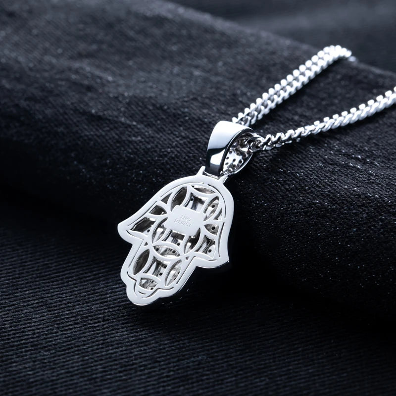 Moissanite Hamsa Hand Pendant – 925 Silver Iced Out Hip Hop Necklace