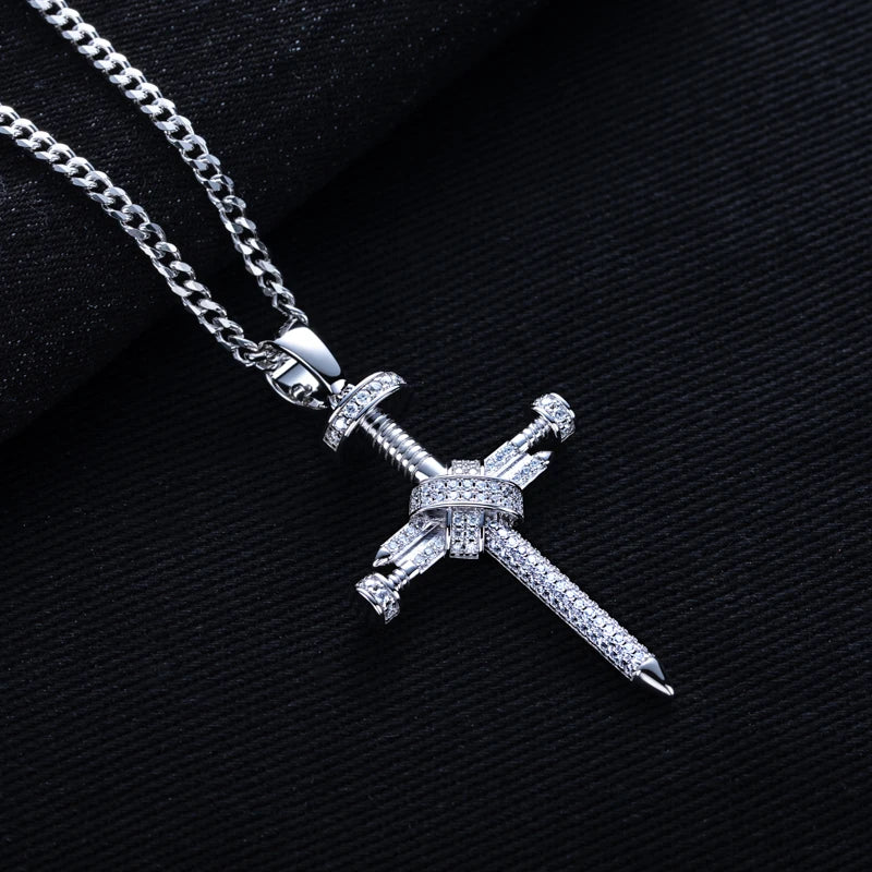 Moissanite Screw Cross Pendant – 925 Silver Hip Hop Necklace