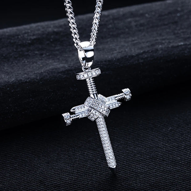 Moissanite Screw Cross Pendant – 925 Silver Hip Hop Necklace