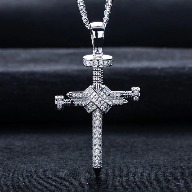 Moissanite Screw Cross Pendant – 925 Silver Hip Hop Necklace