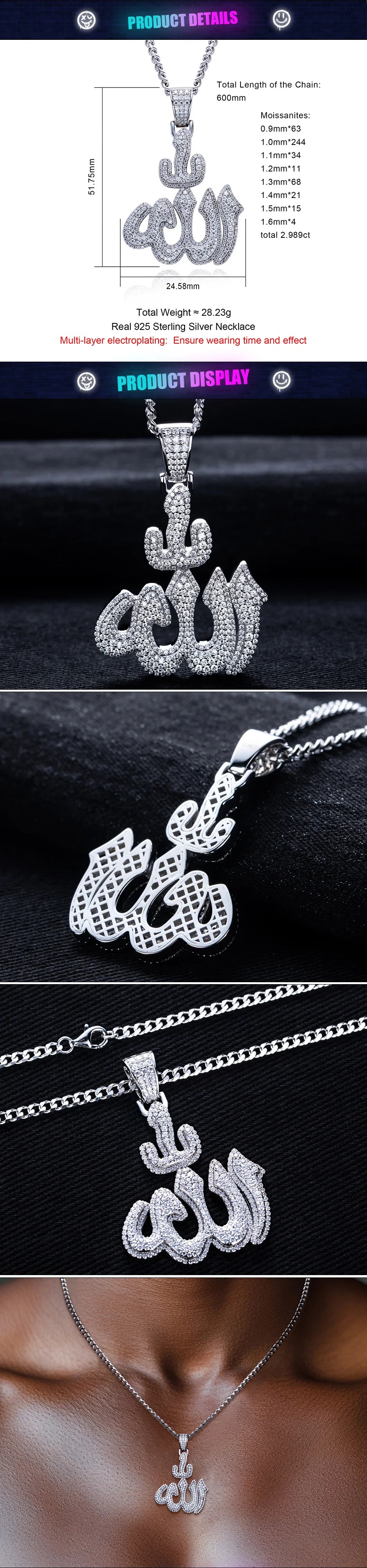 2.9cttw Moissanite Allah Pendant – 925 Silver Islamic Hip Hop Necklace