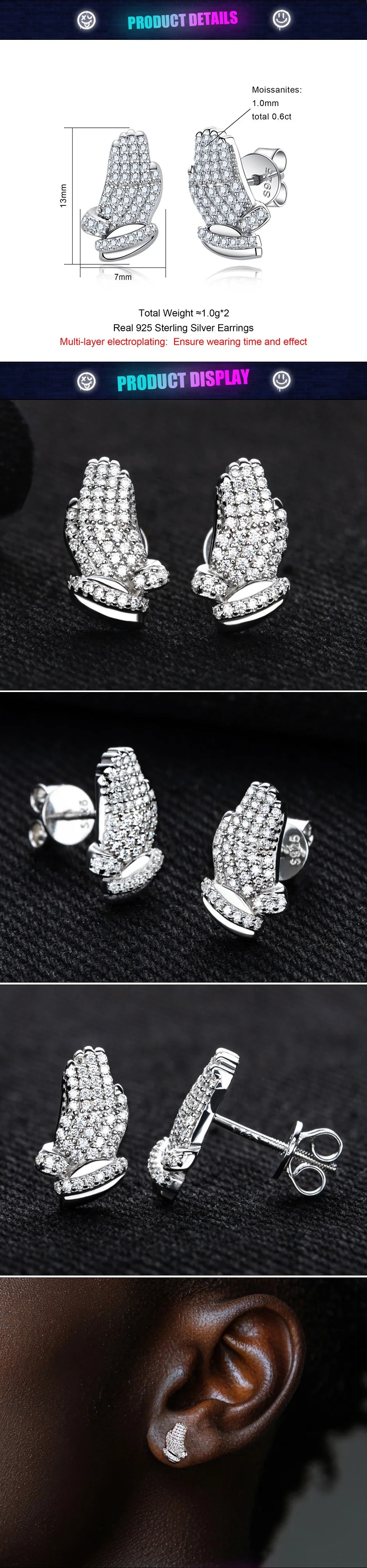 Moissanite Prayer Hand Stud Earrings – 925 Silver Hip Hop Jewelry