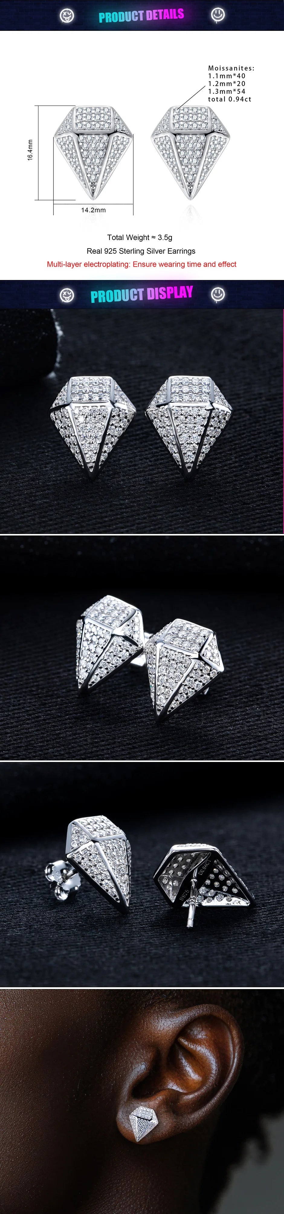 Moissanite Rhombus Stud Earrings – 925 Silver