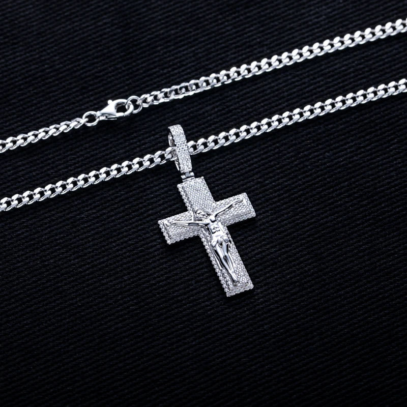 Moissanite Cross Jesus Pendant – 925 Silver Necklace