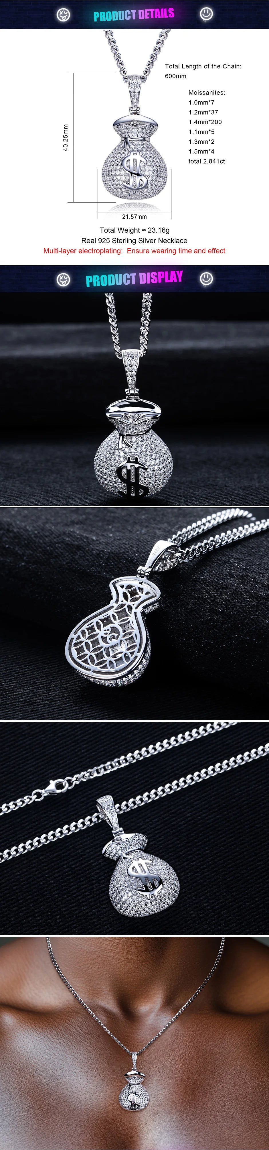 2.8cttw Moissanite Money Bag Pendant – 925 Silver Hip Hop Necklace