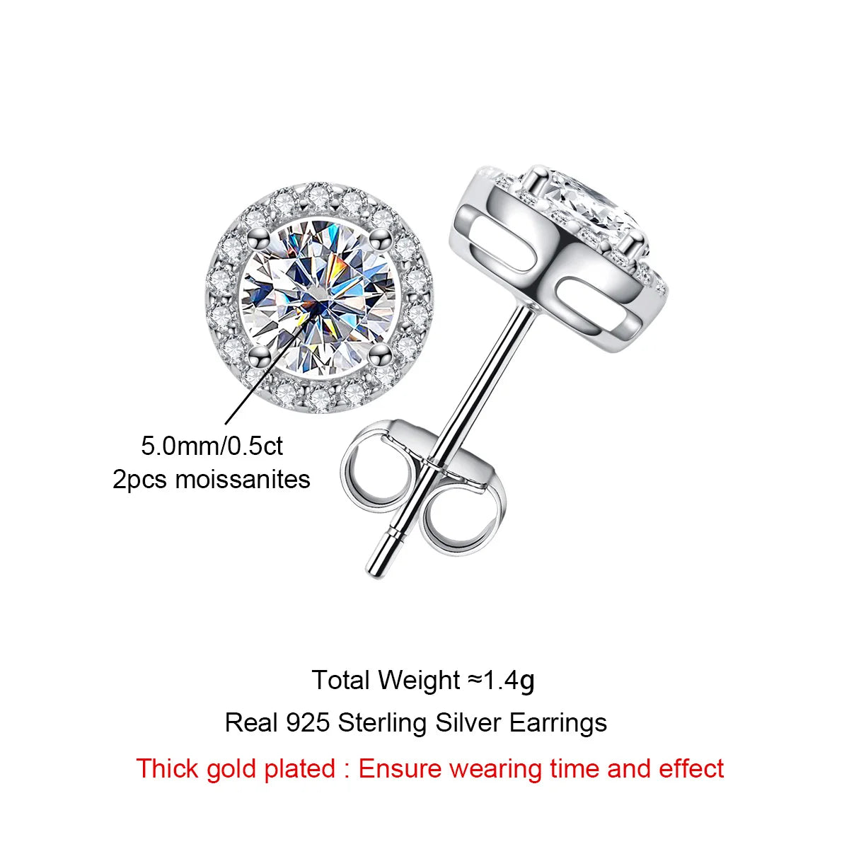 1cttw Moissanite Round Stud Earrings – 925 Silver Unisex