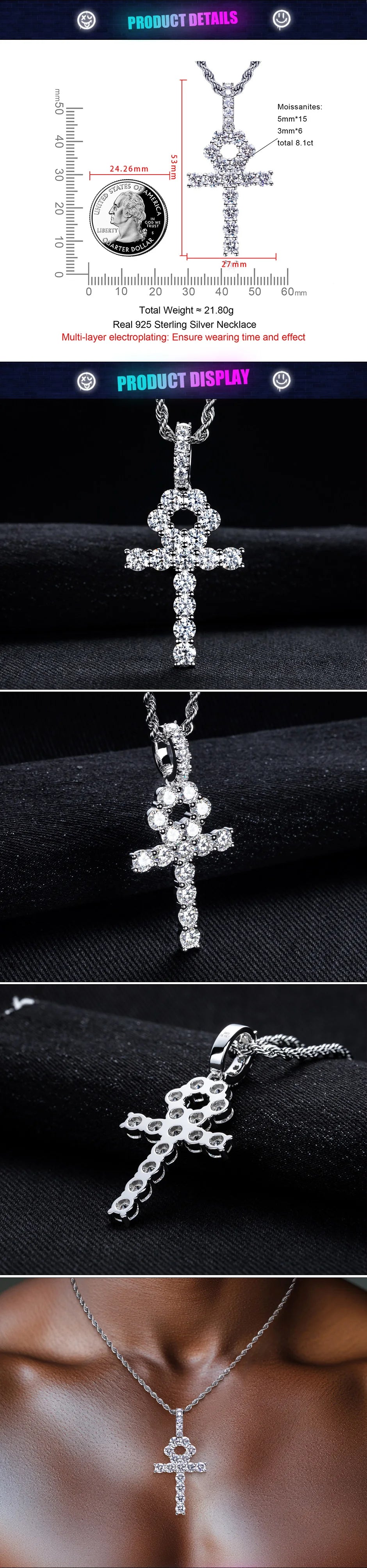 Moissanite Cross Pendant – 925 Silver Hip Hop Necklace